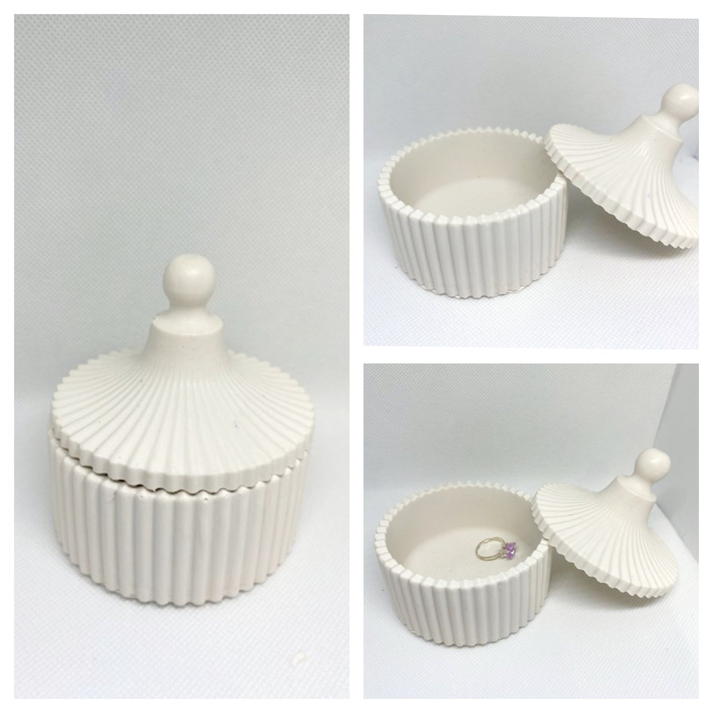 Håndlavet stribet opbevaringsbeholder i jesmonite med låg – perfekt til smykker, nøgler eller småting, skandinavisk design fra Hygge Home by ViV.